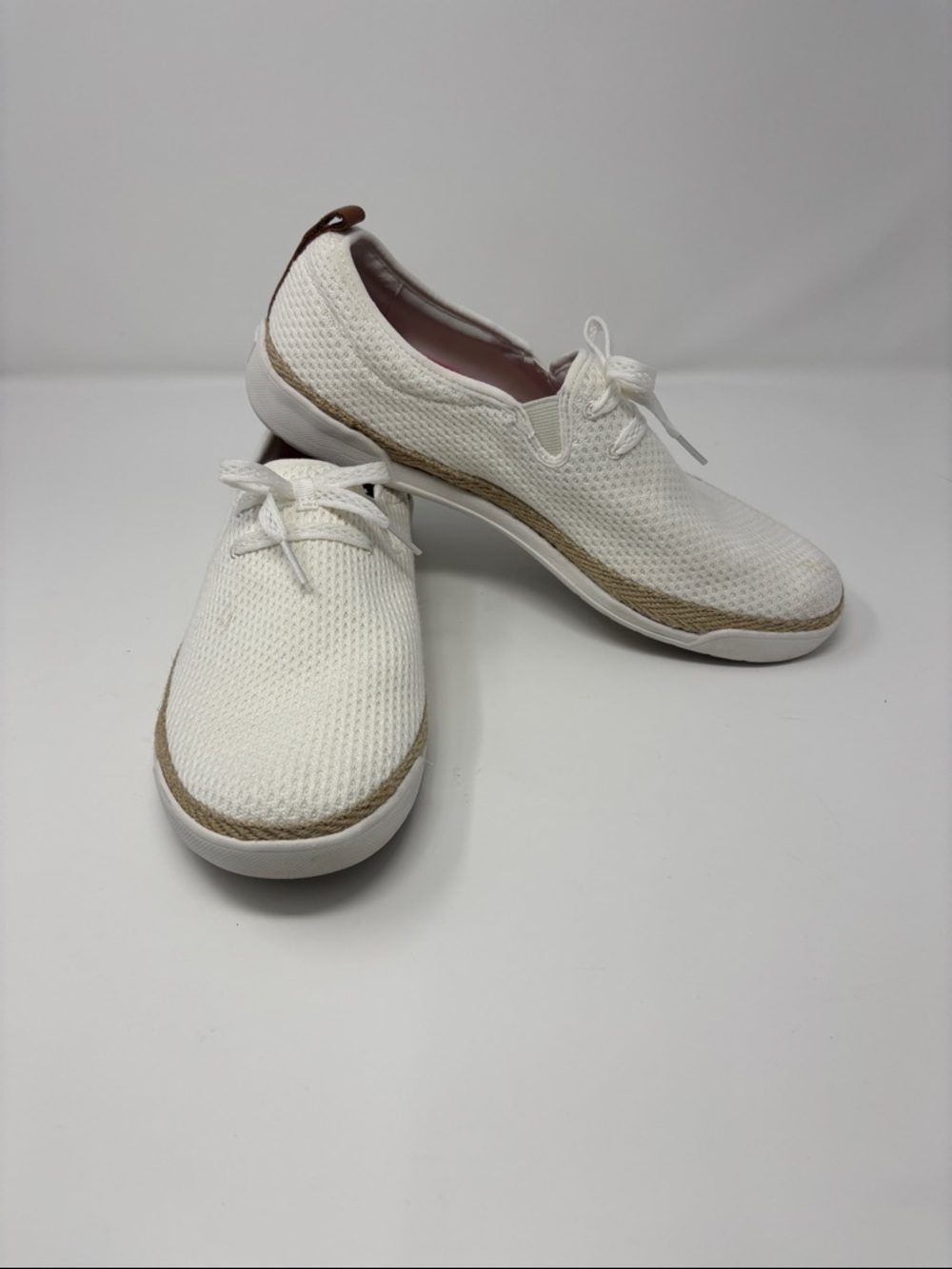 Ryka White Casual Knit Slip-On Sneakers with Tan Trim